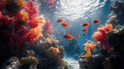 Naklejka premium A captivating underwater world showcasing serene biodiversity stunning red aquatic fauna in their natural habitat