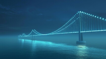 Fototapeta premium Illuminated Massive Suspension Bridge Connecting Glowing Shorelines with Elegant Cable Patterns at Night - Cinematic Ultra-Detailed Image