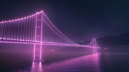 Obraz premium Illuminated Majesty: Spectacular Suspension Bridge Connecting Glowing Shorelines under Decorative Lights