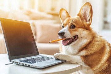 cute dog sitting at table, working with laptop, holding pencil in its mouth. scene is warm and inviting, showcasing playful nature of dog
