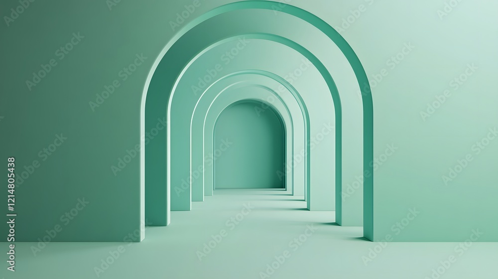 Poster overlapping arched geometric shapes in soft green tones creating elegant depth and shadow play