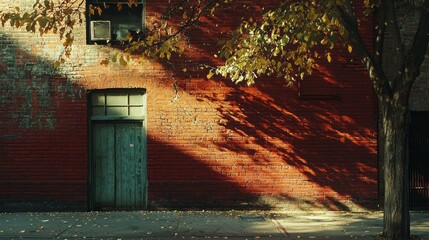 A textured red brick wall captures the essence of an autumn afternoon. Shadows play on the surface, while vibrant leaves dance in the gentle breeze, creating a serene atmosphere in the city