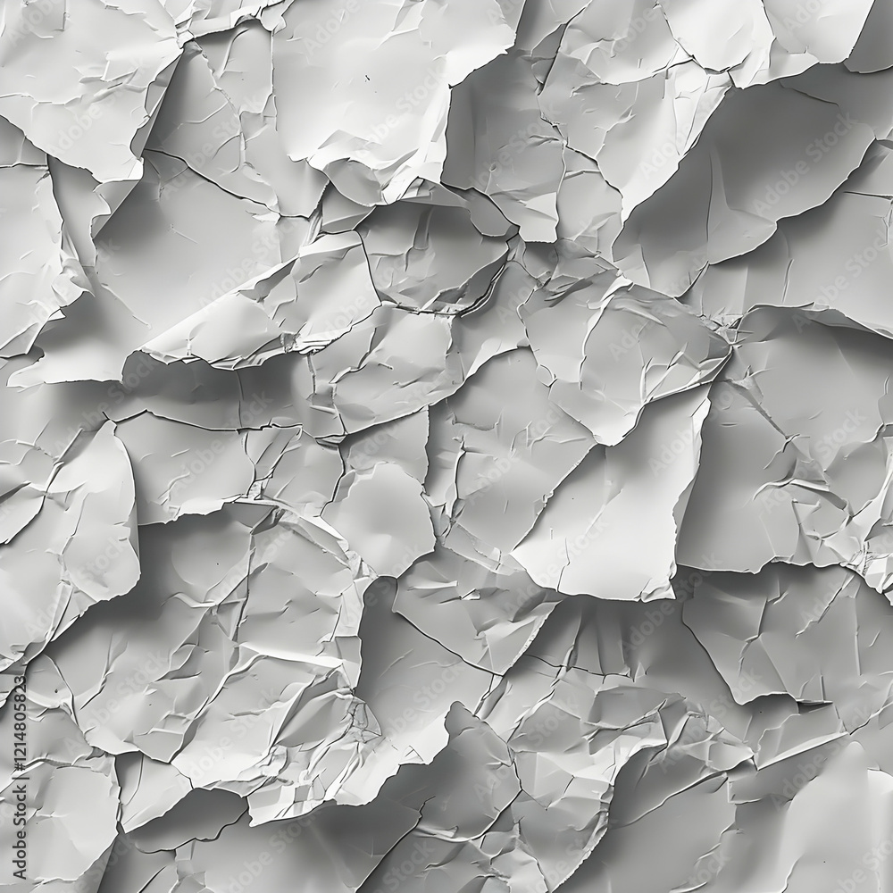 Poster crumpled white paper texture forms an abstract background with rough and uneven surface