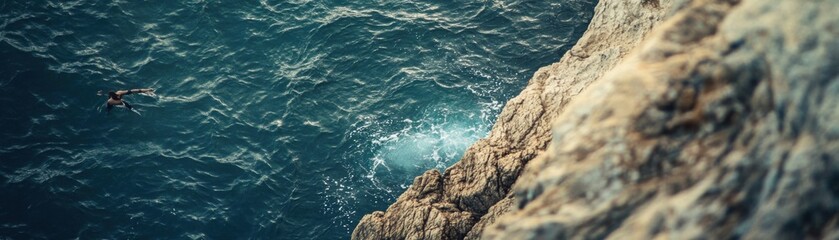 Aerial view of a swimmer near rocky coastline and ocean waves.