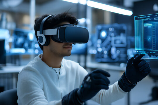 P A young Hispanic male VR developer in a fut
