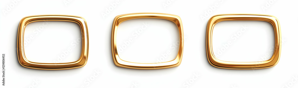 Poster three golden frames: elegant empty rectangular frames isolated on white background