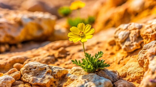Wild Diplotaxis Harra Flower Blooming Between Pink Limestone Rocks in Israel