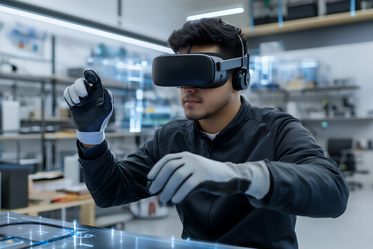 P A young Hispanic male VR developer in a fut