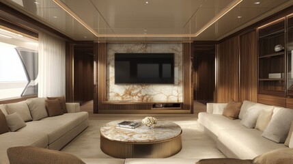 Fototapeta premium Modern living room with wooden paneling, marble wall, TV, and a round coffee table.