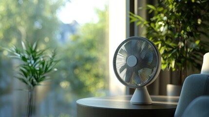 Naklejka premium A tabletop fan with delicate blades, positioned on a side table in front of a large window, letting in natural light