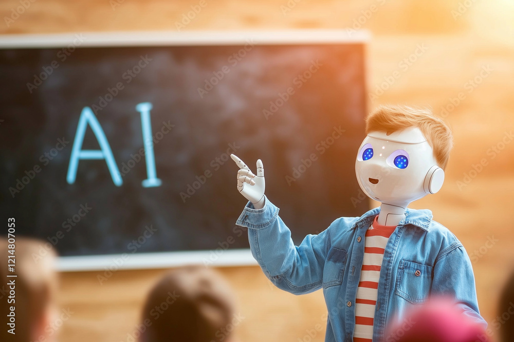 Poster robot teaching children about ai in classroom setting, engaging and interactive learning experience.