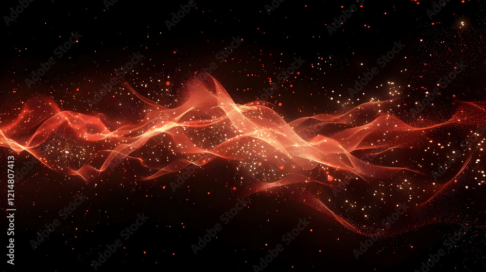 Poster abstract red wave flows gracefully with sparkling particles on a dark background