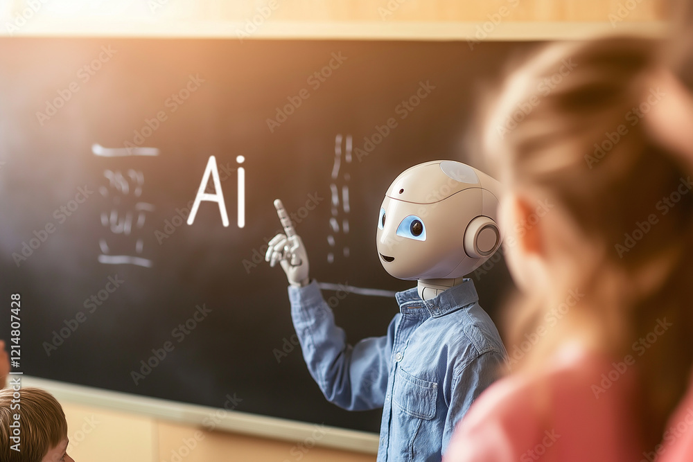 Poster ai robot teaching kids in classroom, engaging with students while explaining concepts. atmosphere is