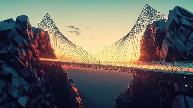 An enormous suspension bridge made of sharp triangular glowing polygons
