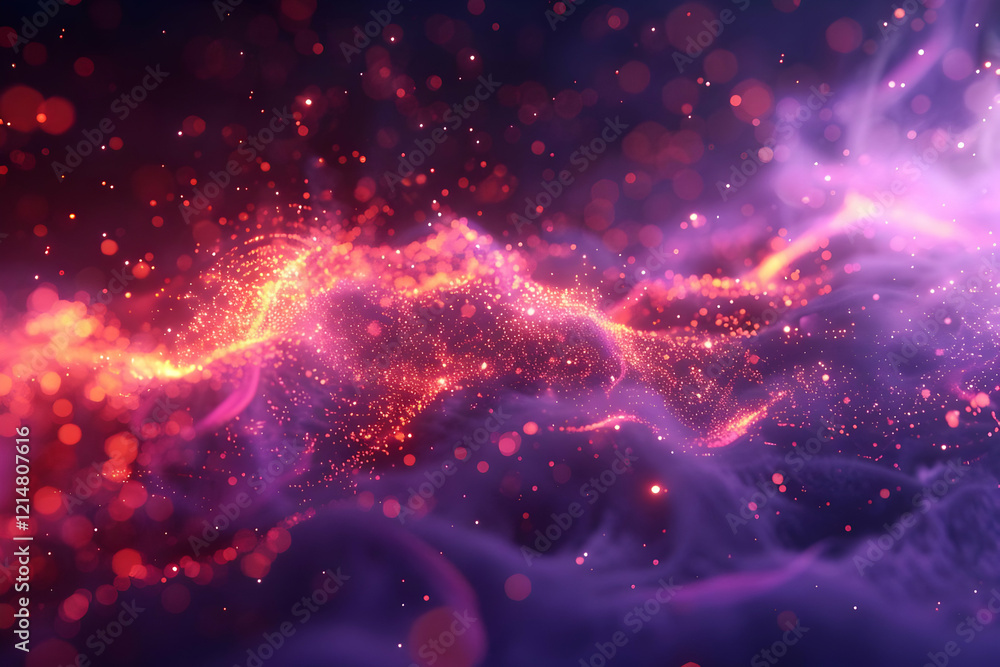 Poster abstract red and purple particles flow and sparkle dynamically in a dark background