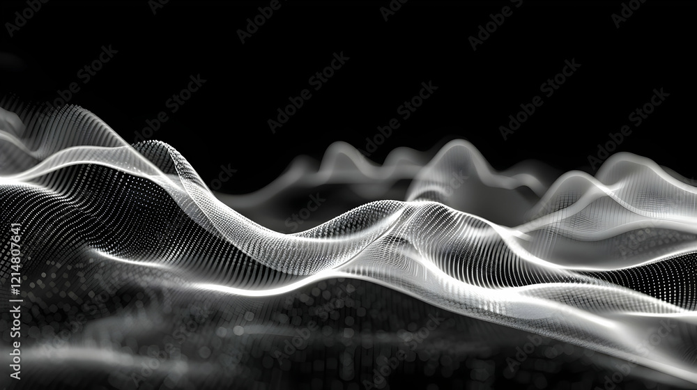 Poster Abstract 3D White Particle Waves Flowing Smoothly on a Dark Background.