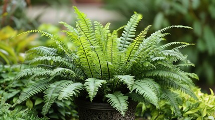 A tropical fern with long, graceful leaves, surrounded by lush greenery and a vibrant outdoor garden backdrop