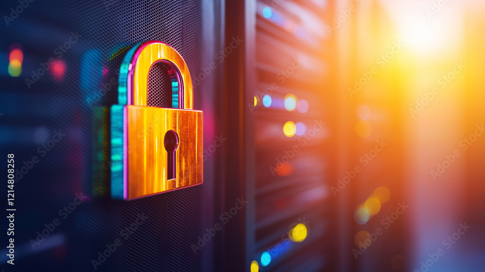 Poster secure lock symbol on server rack in data center, representing data protection and cybersecurity. wa