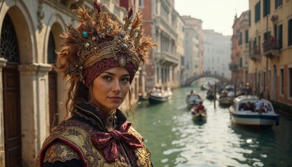 Obraz premium Woman in traditional costume during Carnival in Venice, Italy. Concept of travel, tourism, and culture.