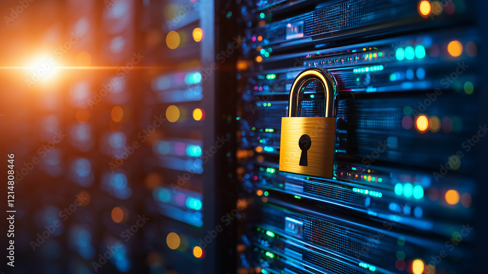Poster lock symbol on server rack in data center, representing security and protection of digital informati