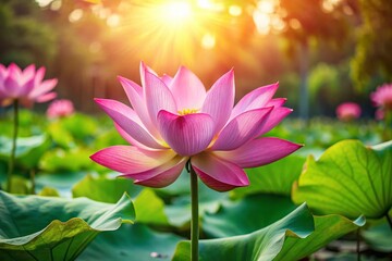 Close-up Pink Lotus Flower in Swamp, Green Leaves, Warm Light, Nature Photography