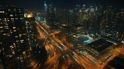 Urban Night Glow - Aerial View of Winding Highways Converging into Bright Downtown Core with Illuminated Skyscrapers, Cinematic Cityscape at Night