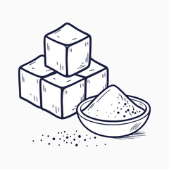 Hand-Drawn Sugar Cubes with Spoon Vector Illustration sugar cube vector, hand-drawn sugar illustration, spoon with sugar design, sugar art vector, vintage sugar sketch, sugar cube clipart