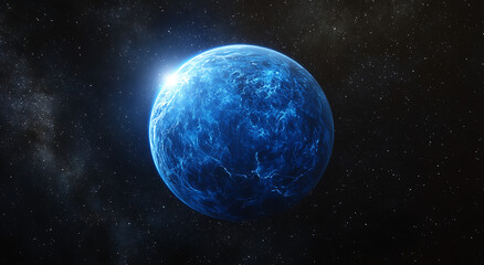 Obraz premium A blue, glowing Earth with the sun rising on it, set against a starry sky background.