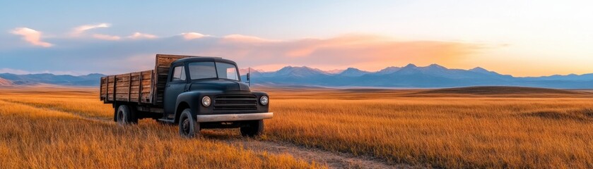 An old truck navigates a rural road at sunrise, illustrating a network of postal mail operations connecting rural towns, each letter traveling across vast landscapes, lit by morning sun A vintage