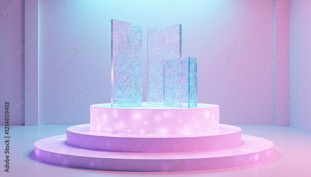 Poster minimalist pastel podium with soft pink and blue lighting, holographic empty showcase platform for p