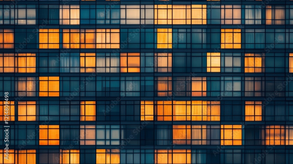 Poster a close-up view of a modern building showcasing an intricate pattern of illuminated windows, creatin