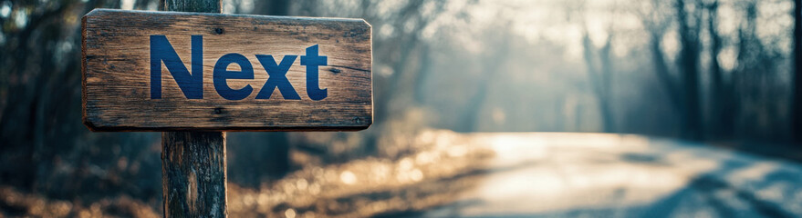 A wooden sign marked with the word next stands by a winding pathway. The early morning sun filters through the trees, casting a warm light on the tranquil forest landscape.