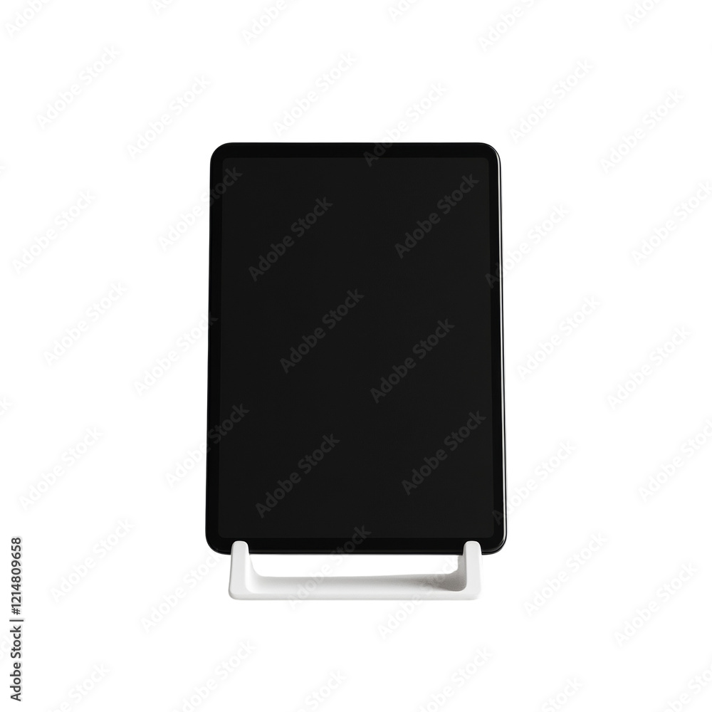 Poster a black tablet rests in a simple white stand against a plain white background, presenting a clean an
