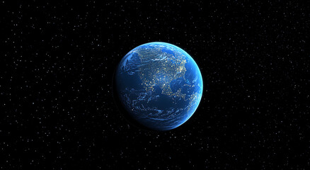 Obraz premium A blue planet with a starry sky and a sun in the background, set against the backdrop of space.