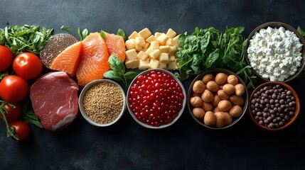Realistic 3D Illustration of Five Food Groups on Dark Surface