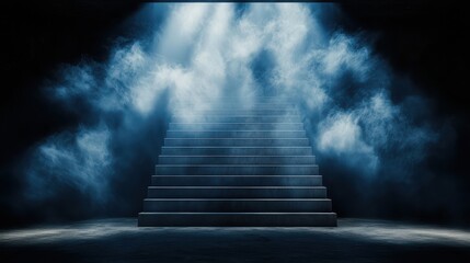 Dark room with mysterious foggy stairs