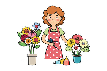 A woman arranging a flower bouquet and wearing a floral dress vector art illustration.eps