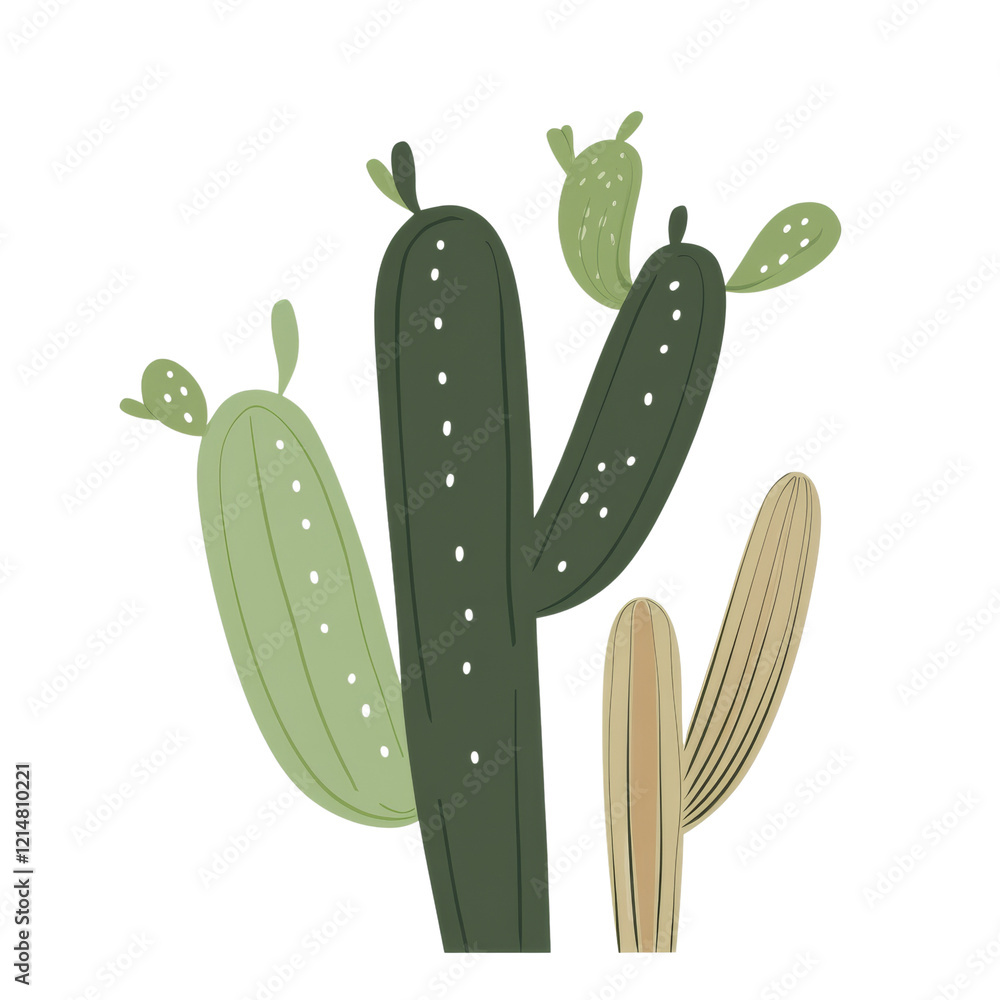 Aufkleber the image shows a cluster of stylized cacti in varying shades of green and beige against a black bac