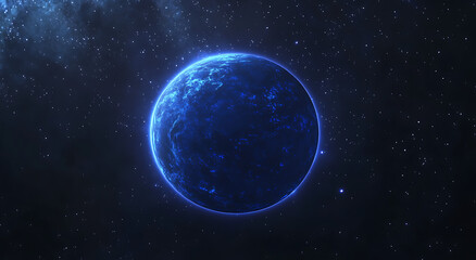 A blue planet with a starry sky and a sun in the background, set against the backdrop of space.