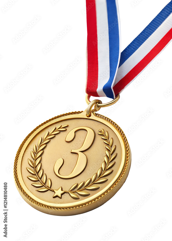Poster third place gold winner medal with ribbon, isolated on transparent background with a clipping path
