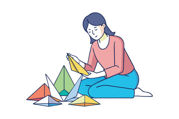 A woman making origami and sitting on the floor vector art illustration.eps