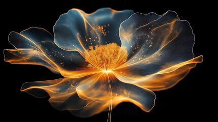 Ethereal golden flower glows on black background. X-ray style. Mystic beauty. Floral design. Transparent lines. Detailed structure. Intricate pattern. Luxury. Fantasy. Delicate blossom. Unique