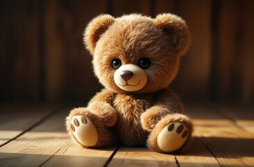 Obraz premium brown teddy bear sitting alone on a wooden surface against a blurred background with his hands down created
