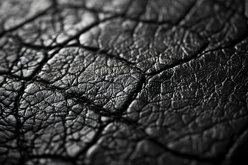 Close-up Photo of Black Leather Texture Reveals Intricate Details and Rough Surface Closely.
