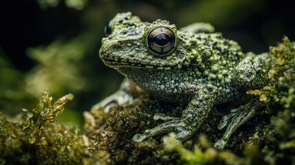 Obraz premium Close-Up of a Camouflaged Green Frog