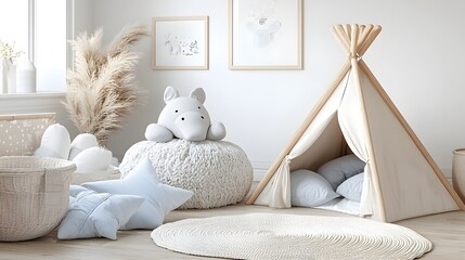A peaceful and inviting children s room with a neutral color palette a cozy indoor tent and minimalist yet stylish decor creating a serene and comfortable nursery setting perfect for young kids