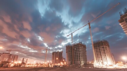 Urban Development in Motion: Time-lapse of Dynamic Clouds and Lights Over Construction Site at City Outskirts