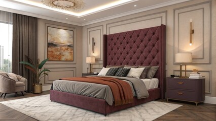 A cozy haven with a dramatic oversized headboard enveloped in deep luxurious fabric offering a tactile experience that draws the eye. The room is dressed with warmtoned accents