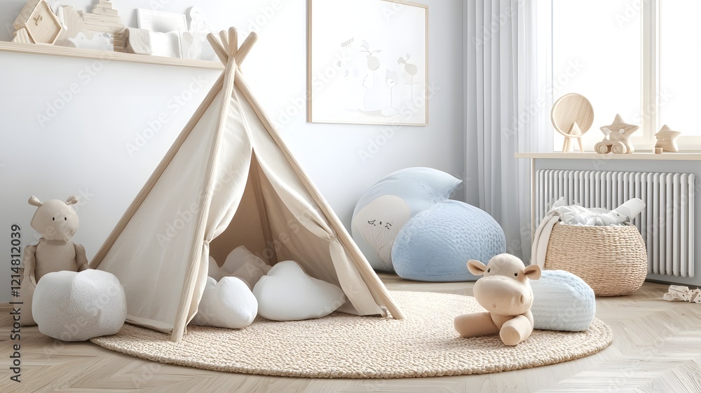 Aufkleber cozy and minimalist nursery design featuring a soft tent plush blanket and adorable toys arranged on