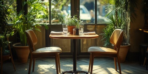 Cozy Cafe Interior with Sunlight Streaming Through